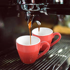 homEdge Porcelain Espresso Shot Cup Set with Saucers and Stainless Steel Spoons - 80 ml / 2.67 oz, Set of 4, Red