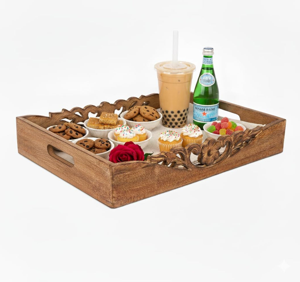 Mela Artisans Orchid Design Wooden Decorative Tray with Handles | 16x12x2.5 Mango Wood Ottoman Tray | for Kitchen Countertop | Coffee Table | Snacks | Desserts | Breads | Bedroom Decor