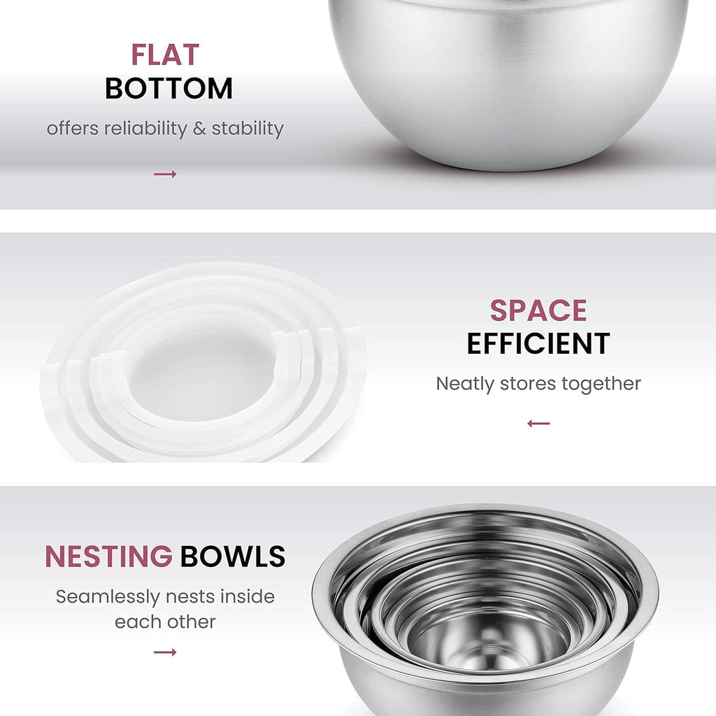 Mixing Bowls Set of 5, Stainless Steel Salad Bowls with Lids, Nesting Metal Mixing Bowls for Baking, Cooking, Prepping & Food Storage