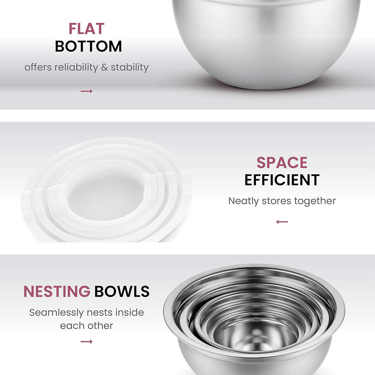 Mixing Bowls Set of 5, Stainless Steel Salad Bowls with Lids, Nesting Metal Mixing Bowls for Baking, Cooking, Prepping & Food Storage