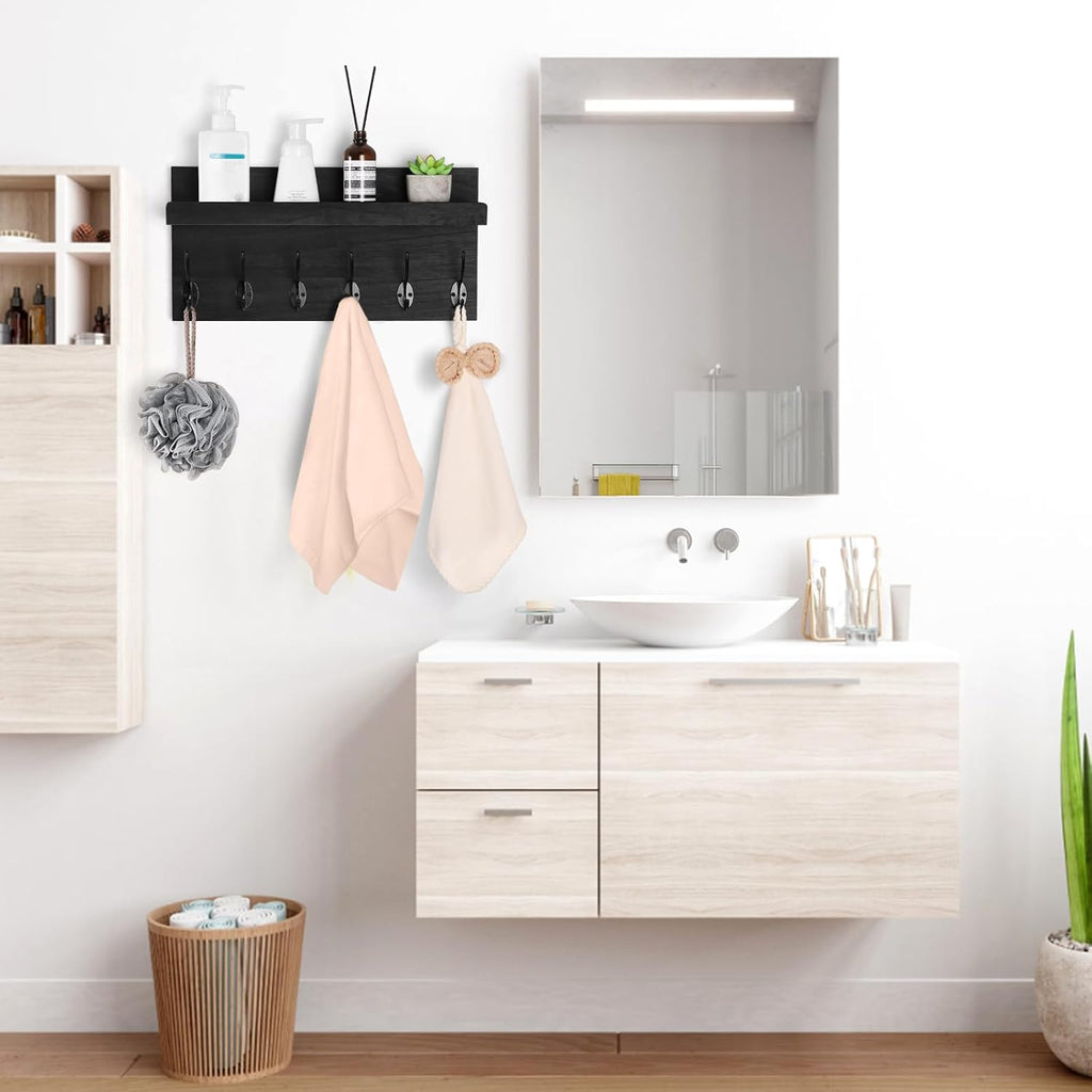 Shelf with Hooks, Coat Rack Wall Mount with 6 Double Metal Hooks, 17 Inch Farmhouse Wall Hooks with Shelf, for Entryway, Bathroom, Kitchen, Black