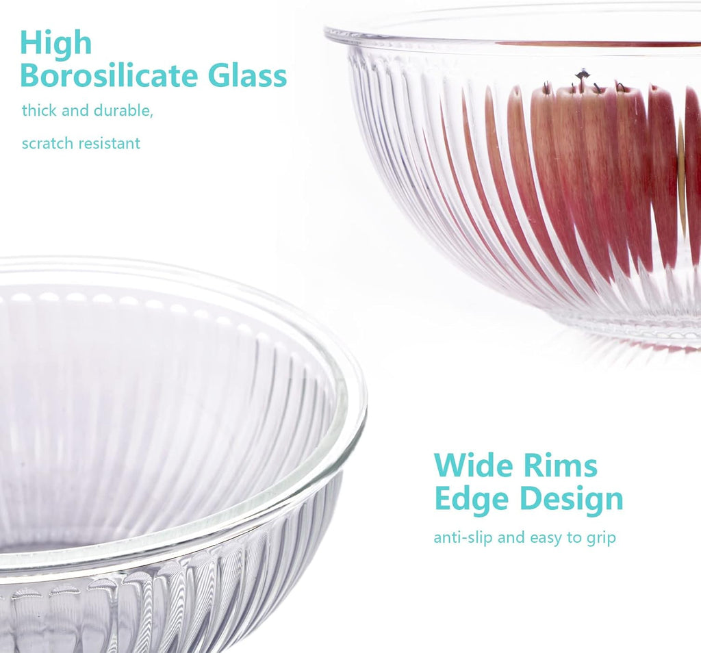 WhiteRhino Glass Mixing Bowls with Lids Set of 3(3.7QT, 2.1QT, 1.1QT),Large Kitchen Salad Bowls, Space-Saving Nesting Bowls, Clear Glass Serving Bowls for Cooking,Baking,Prepping,Dishwasher Safe