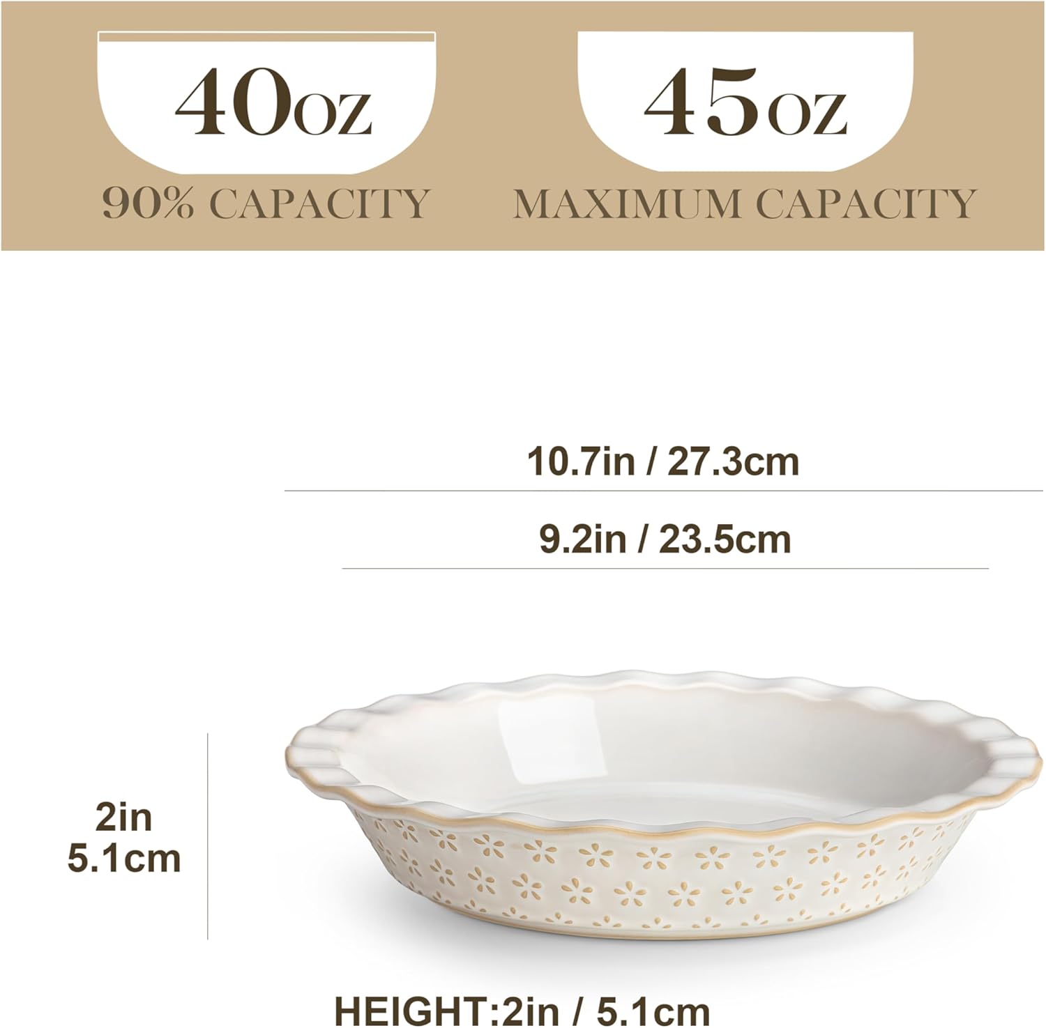 MALACASA Pie Pan, Stoneware Pie Dish for Baking, 45 OZ Deep Dish Pie Pans 9 Inch, Embossed Quiche Baking Dish for Oven, Fluted Dish Pie Plate for Apple Pie, Pot Pie and Quiche, Set of 1, Series LYDIA
