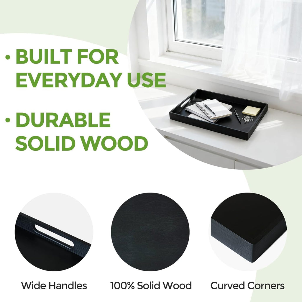 S310 Black Wood Serving Tray with Handles, 17 Inch Wooden Tray for Ottoman, Breakfast, Lunch, Dinner, Decorative Rectangular Tray for Living Room, Kitchen Counter, Outdoor