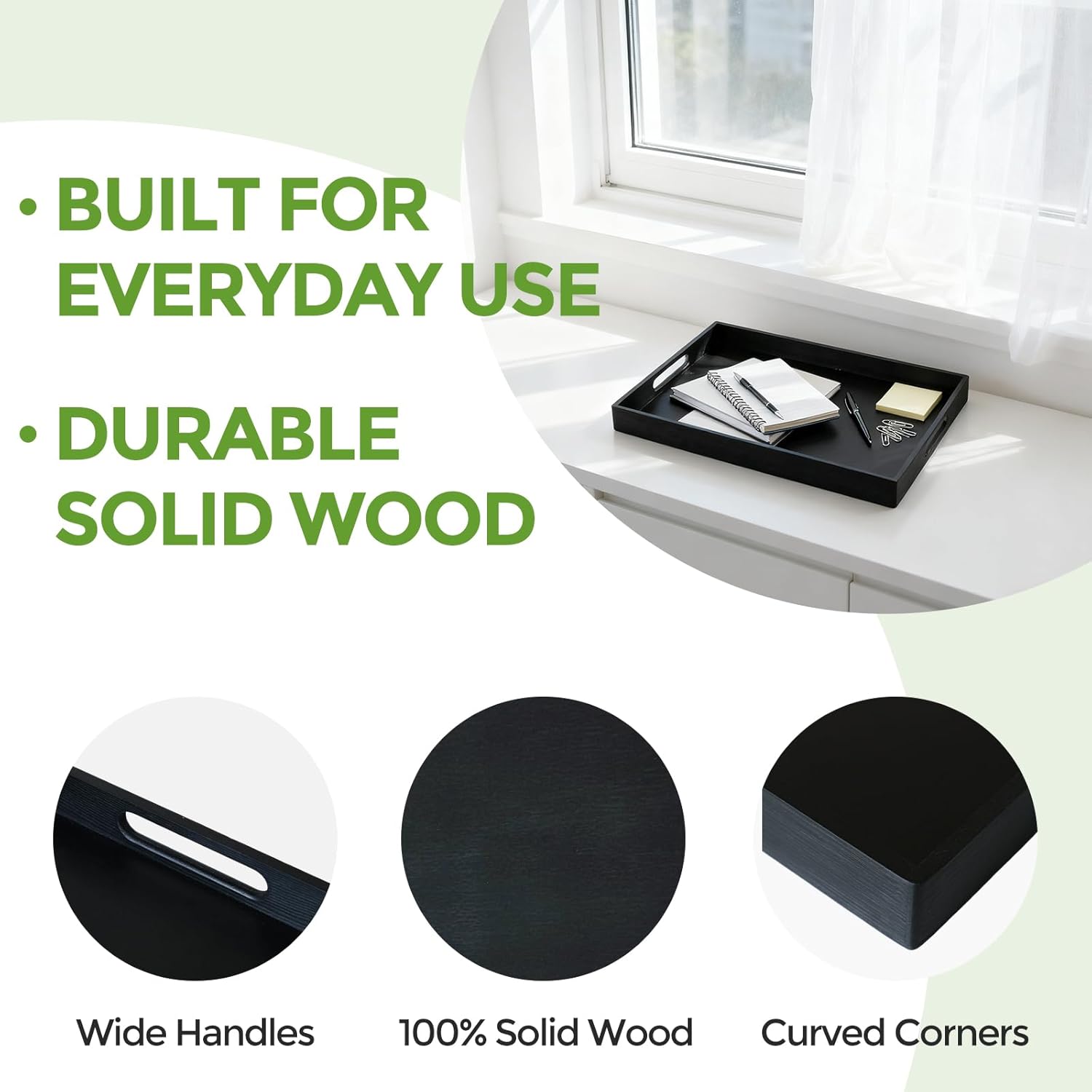 S310 Black Wood Serving Tray with Handles, 17 Inch Wooden Tray for Ottoman, Breakfast, Lunch, Dinner, Decorative Rectangular Tray for Living Room, Kitchen Counter, Outdoor