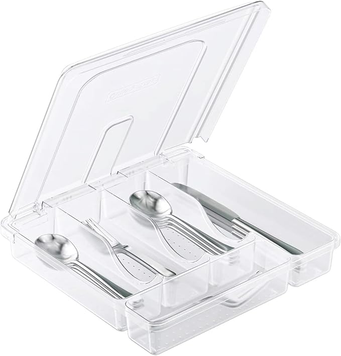 Silverware Tray with Lid, Utensil Drawer Organizer for Kitchen Countertop Plastic Flatware Organizers and Storage holder 5 Compartments