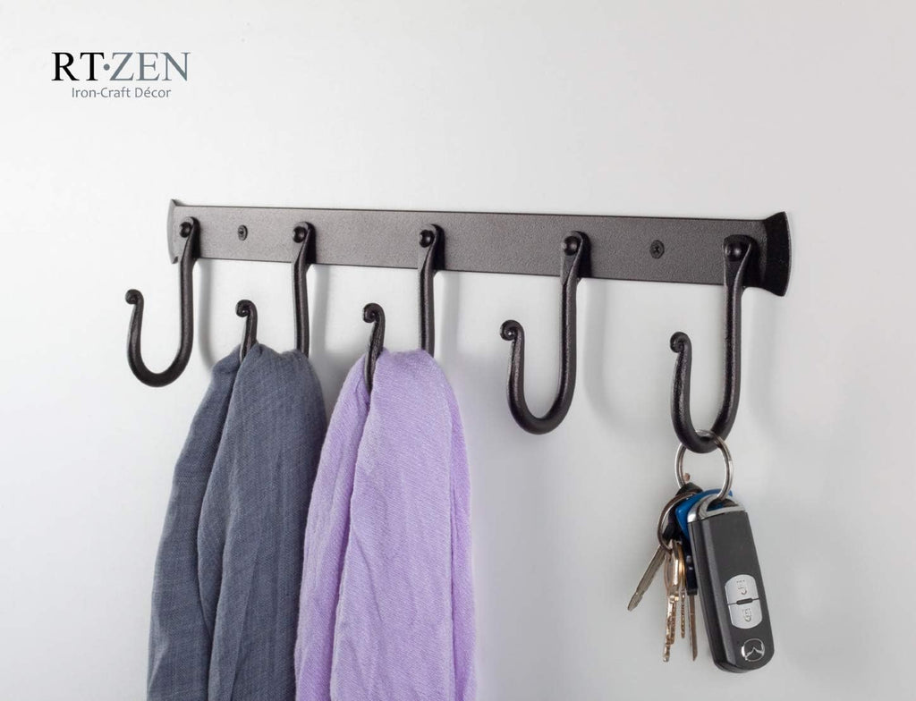 RTZEN Wall Mount Hook Set - Wrought Iron Decorative Rustic Metal Coat Hooks for Hanging - Handcrafted Classic Farmhouse Wall Mounted Black Hooks for Towel Robe or Hat Hanging - 5 Hook Rack