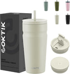 COKTIK 20oz Insulated Tumbler with Lid and Straw 2 Lids (Straw/Flip) Iced Coffee Cup Reusable Stainless Steel Travel Mug Water Bottle Cupholder Friendly for Women Men Her Him (Almond Birch)