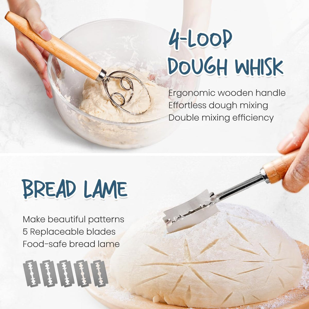 rorecay Banneton Bread Proofing Basket Sourdough Bread Baking Supplies, 9 Inch Round + 10 Inch Oval Proofing Bowls with Dough Whisk Bread Lame Dough Scraper Bread Making Tools and Accessories Set