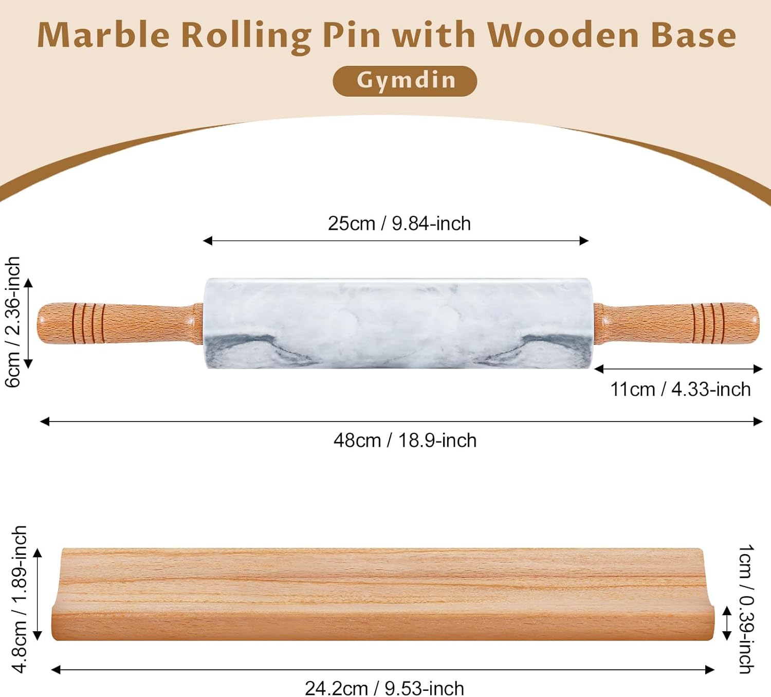 Marble Rolling Pin - 18.9" Marble Rolling Pins for Baking, Pastry, Pizza Dough & More - Polished Non-Stick Surface, Long Dough Roller with Wooden Handles & Base