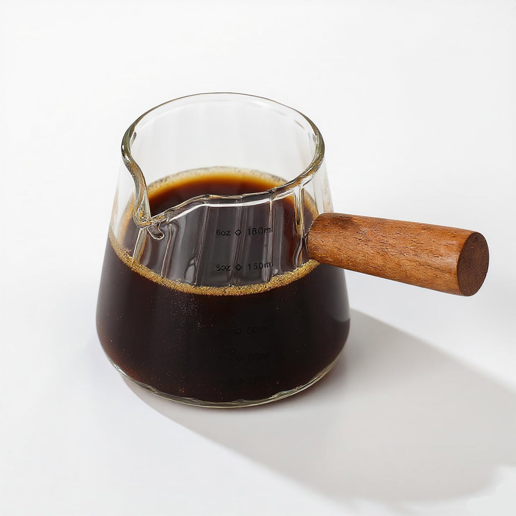 Espresso Cups 6oz/180ml Measuring Cups Glass Espresso Shot Cups Ribbed Espresso Shot Glass with Wooden Handle,Coffee Bar Accessories Milk Frothing Pitcher