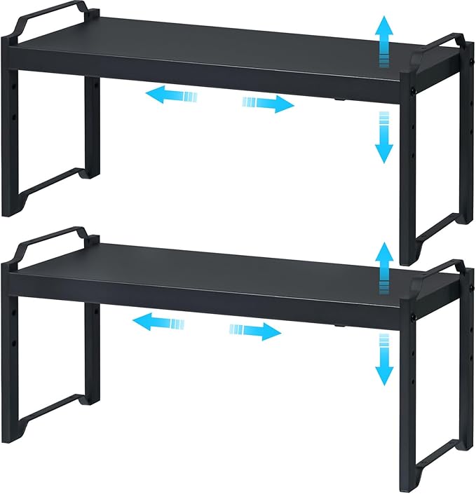 25.5 Inches 2 Pack Expandable Cabinet Shelves, Stackable Shelf Organizer for Kitchen Cabinet Countertop Storage, Adjustable Counter Cupboard Pantry Organizer Shelf Rack Stand Riser, Black