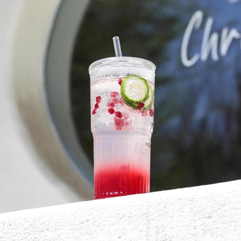 Glass Tumbler with Straw and Lid, 20 OZ Clear Iced Coffee Glasses Cups for Ice Water, Juice, Tea, Milk, Smoothie and Cold or Hot Drinks, Set of 2