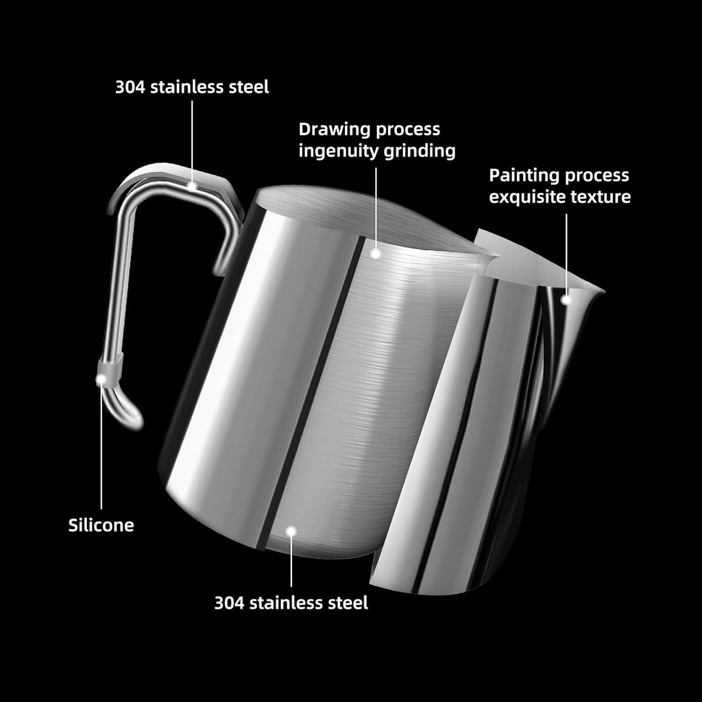 Bincoo Espresso Milk Frothing Pitcher Stainless Steel 20oz/600ML Coffee Milk Frother Cup-Milk Frothing Pitcher with Measurement Lines,Ergonomic Handle for Latte Art & Cappuccin(Steel)