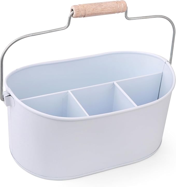 Alpha Living Home Farmhouse 4-Section Galvanized Utensil Caddy - Versatile Organizer for Kitchen, Party & Outdoor Events Rustic Silverware Holder, Cutlery Organizer, Picnic (White)