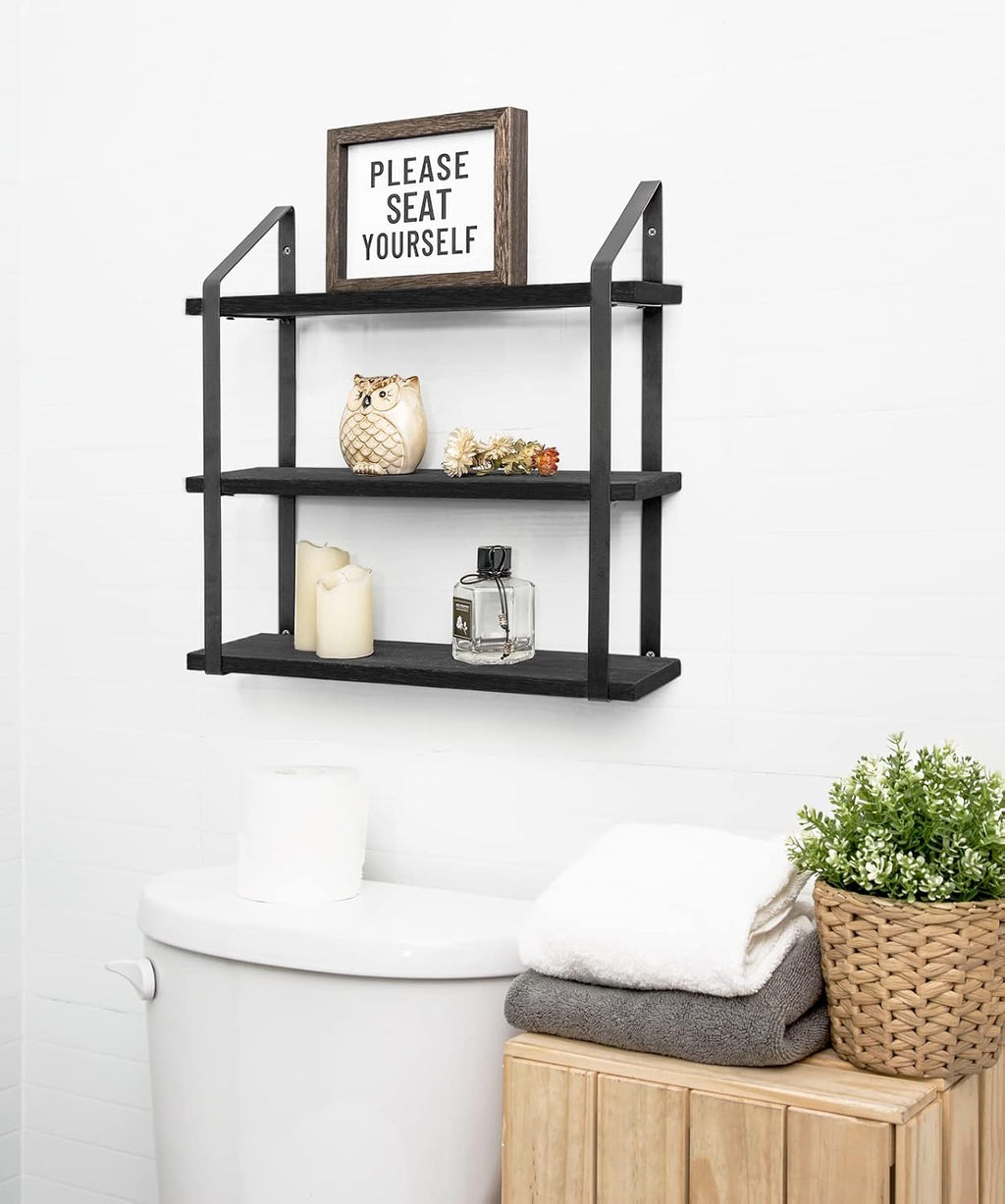 Mkono Floating Wall Shelves 3 Tier Rustic Hanging Shelf with Metal Bracket Wall Mount Wood Storage Display Shelves for Living Room Bathroom Bedroom Kitchen Office,Black