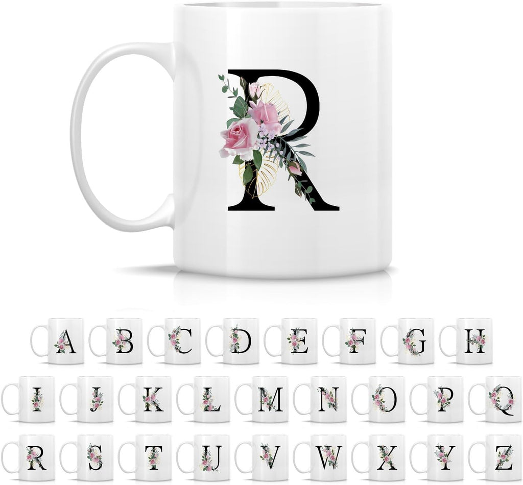 Retreez Initial A-Z Floral Botanical Bouquet Alphabet Monogrammed Monogram Mug 11 Oz Ceramic Tea Coffee Mugs - Appreciation Thank You Wedding Birthday Gifts for her friend coworker sister - R Initial