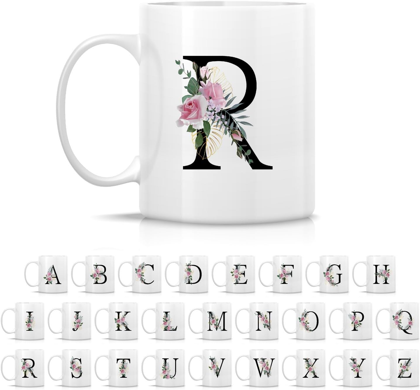 Retreez Initial A-Z Floral Botanical Bouquet Alphabet Monogrammed Monogram Mug 11 Oz Ceramic Tea Coffee Mugs - Appreciation Thank You Wedding Birthday Gifts for her friend coworker sister - R Initial