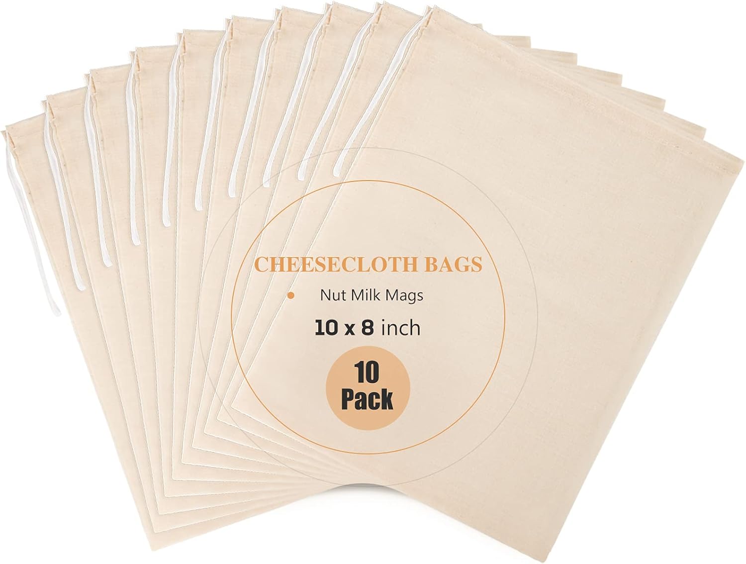 10 Pack Nut Milk Bag, 8‘’ x 10‘’Fine Mesh Grade Reusable Cheesecloth Bags Strainers, Unbleached Organic Cotton Filter Bags for Almond Milk, Juices, ColdBrew, Cheese, Tea, Yogurt, Coffee