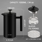 Secura French Press Coffee Maker with 3-Layer Stainless Steel Filter, 34 oz Black, Double-Walled Insulated Design with 2 Extra Filters