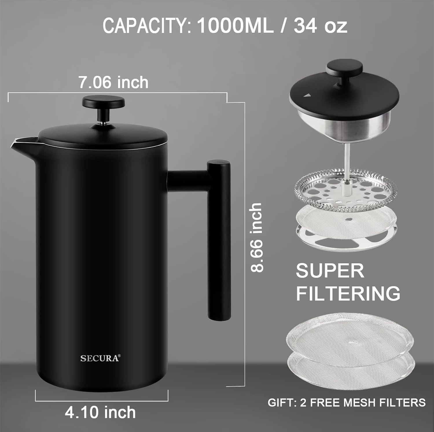 Secura French Press Coffee Maker with 3-Layer Stainless Steel Filter, 34 oz Black, Double-Walled Insulated Design with 2 Extra Filters
