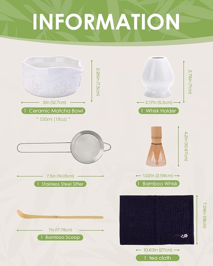 Matcha Whisk Set, Ceramic Matcha Set Includes Matcha Bowl with Spout, Matcha Whisk and Holder, Bamboo Scoop, Sifter and Tea Towel - 6 Pcs Matcha Kit Gift for Matcha Lovers Beginners (White)