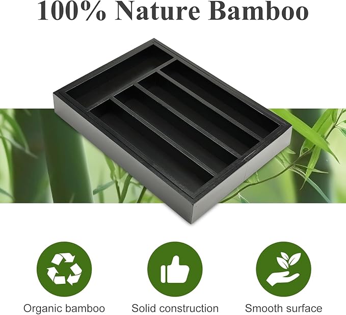 Black Bamboo Kitchen Silverware Organizer Tray Expandable Large Utensil Holder Drawer Divider Organizers Storage Adjustable Cutlery Utensil Tray Spoon Holder Wooden Flatware Organizer for Drawer