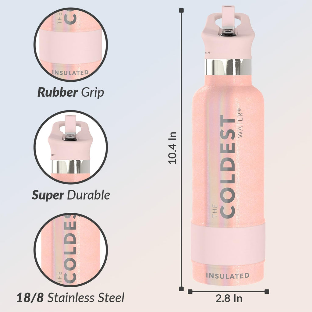 Coldest Insulated Water Bottle with Straw Lid - Stainless Steel Metal Insulated Bottle for Men & Women (Forever Pink Glitter, 21 oz)
