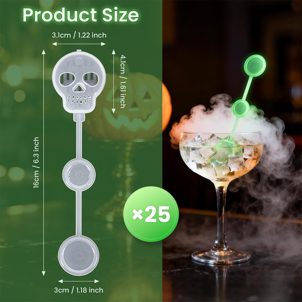 25 Pcs Halloween Dry Ice Swizzle Sticks, Clear Skull-Shape Plastic Stir Sticks Glow in Dark Bar Cocktail Beverage Drink Stirrers for Smokey Drinks Coffee Home Party Decoration