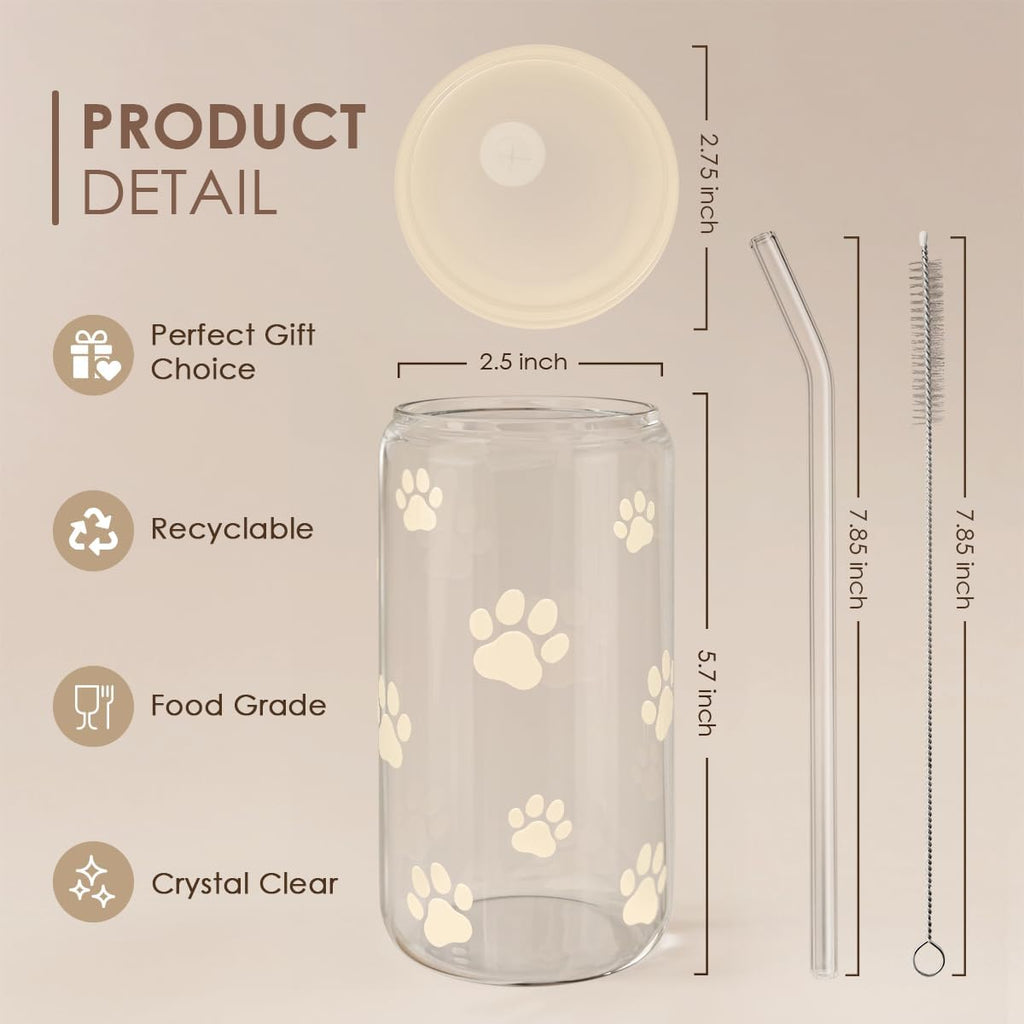 Paw Print 16oz Can Glass Tumbler with Acrylic Lid & Straw - Iced Coffee Cup for Women Cat Dog Mom, Aesthetic Cups Gifts for Birthday Christmas