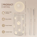 Paw Print 16oz Can Glass Tumbler with Acrylic Lid & Straw - Iced Coffee Cup for Women Cat Dog Mom, Aesthetic Cups Gifts for Birthday Christmas