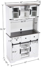 Coffee Bar Cabinet with Sliding Barn Doors 71'' Farmhouse White Pantry Cabinet with Drawers & Wine Glass Rack Rustic Buffet Cabinet for Kitchen, Black