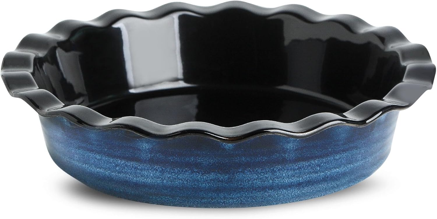 Hasense Ceramic Pie Pan for Baking 9 inch, Quiche Baking Dish for Oven, Round Nonstick Pie Plates for Apple Pie, Tart, and Quiche, Microwave & Oven Safe, Modern Blue Design