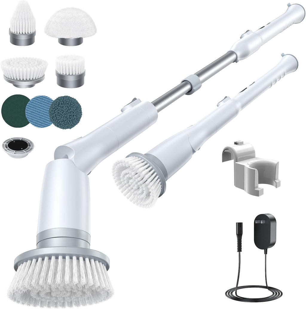 LABIGO Electric Spin Scrubber LA2 Pro, Shower Power Cleaning Brush with Display and 4 Replaceable Heads,2 Adjustable speeds, 3 Extension Handle, for Bathroom Floor Tile