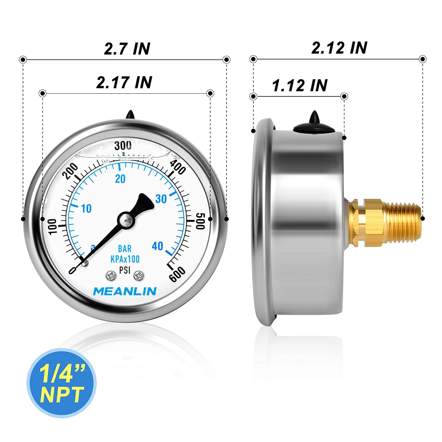 MEANLIN MEASURE 0~600Psi Stainless Steel 1/4" NPT 2.5" FACE DIAL Liquid Filled Pressure Gauge WOG Water Oil Air Center Back Mount, with 1/2" NPT and 3/8" NPT Hex Bushing