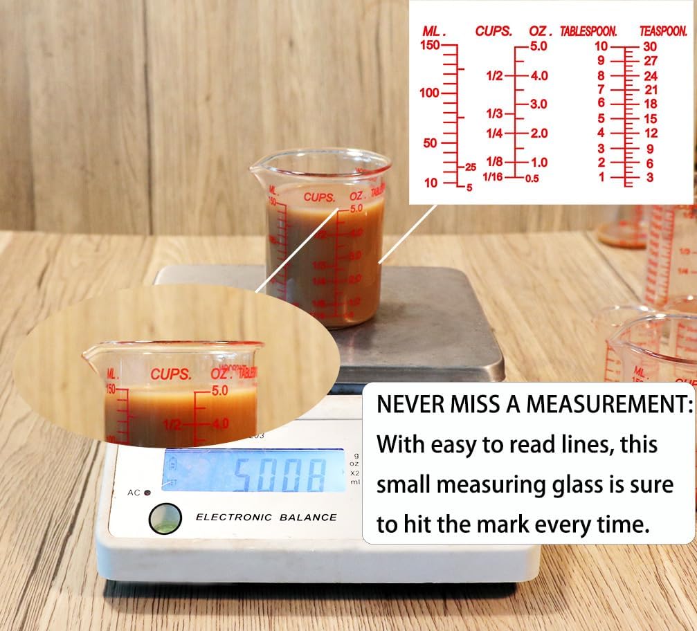 High Borosilicate Glass Measuring Cup-V-Shaped Spout，Glass Measuring Beaker for Kitchen or Restaurant, Easy to Read, 150 ML (5 Oz)-Pack of 2