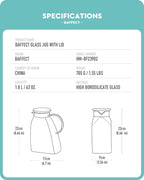 Baffect Water Pitcher, Glass Pitcher With Lid And Handle, 63 Oz / 1.8 L High Borosilicate Glass Jug For Fridge Door, Carafe For Hot/Cold Iced Tea Juice Coffee Milk Beverage （Glacier-Textured）