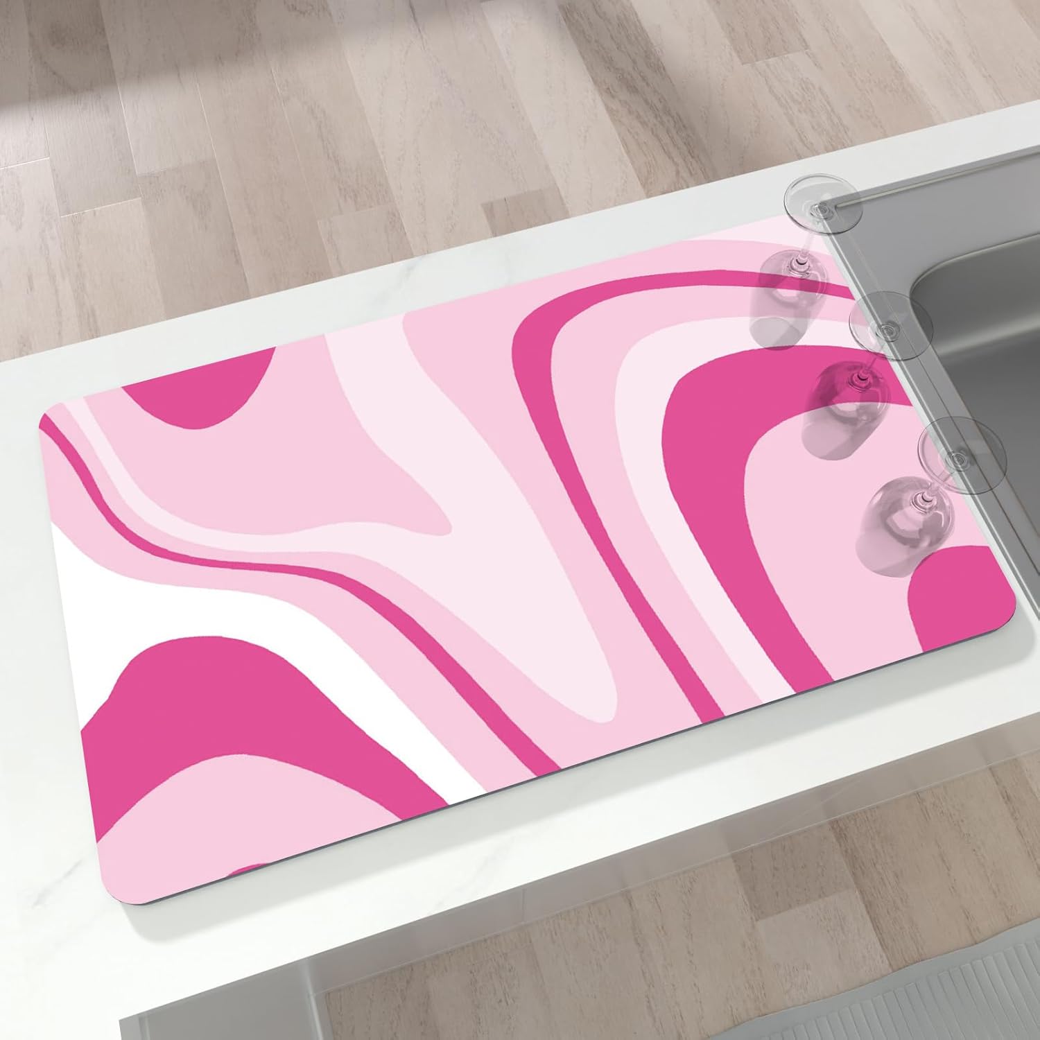 Dish Drying Mat 16" X 24", Super Absorbent & Cuttable Coffee Mats for Countertop, Kitchen Counter Mat Fits Under Coffee Maker or Machine, Hide Stain Drying Pad for Dish Drying Rack, Pink Abstract