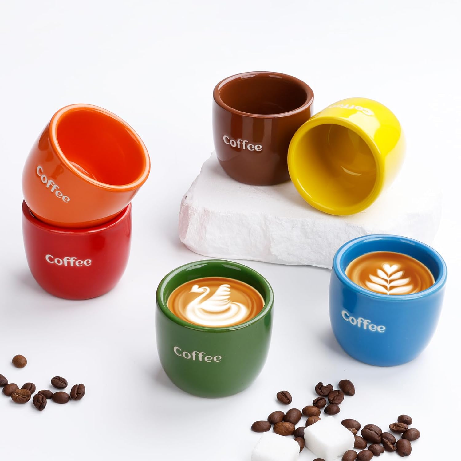 Ceramic Espresso Cup set of 6, One Shot Coffee Cups, Double Walled 3 oz/90 ml Tiny Cofffee Mugs Demitasse for Espresso, Porcelain Coffee Mugs Set of 6 colors