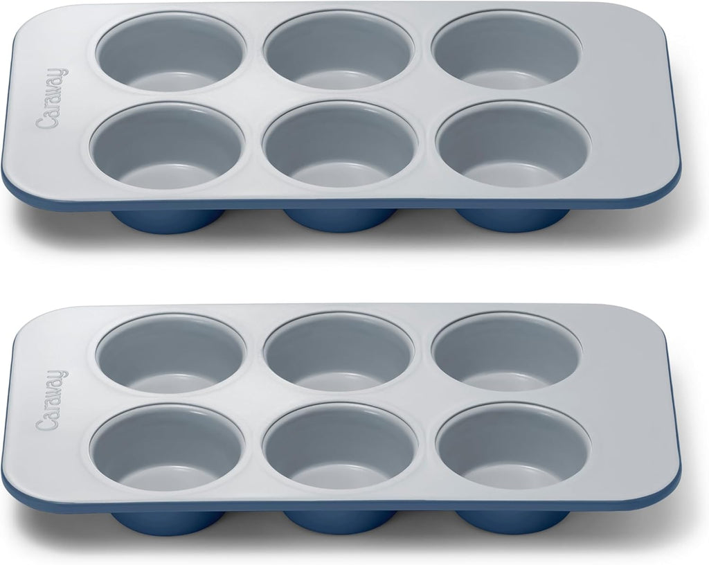 Caraway Nonstick Ceramic 6 Cup Muffin Pan Duo – Non-Toxic, PTFE & PFOA Free – Oven Safe – Aluminized Steel Core – Small Muffin Pan for Baking Cupcakes, Muffins & More - Navy