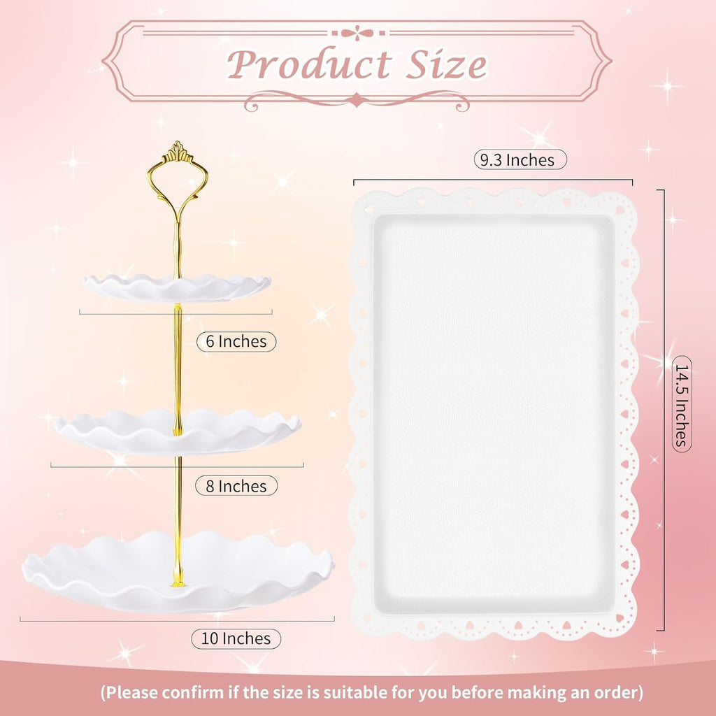 PinCute 5 Pcs Dessert Table Display Set - 2 X Cupcake Stand Holder/Cup Cake Tier Tower & 3 X Serving Tray Combo for Tea Party, Birthday, Baby Shower (Wave Round)