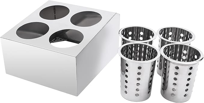 DYNAMI Stainless Steel Kitchen Utensil Holder with 4 Compartments,Commercial Silverware Sorter Silverware Utensil Holder,Perforated Caddy Drying Rack Flatware Organizer Countertop,for Buffets