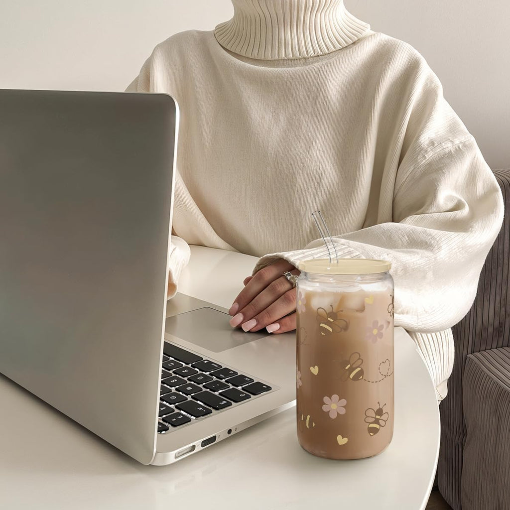 Bee 16oz Can Glass Tumbler with Acrylic Lid & Straw - Iced Coffee Cup for Women Girls, Aesthetic Cups Gifts for Birthday Christmas