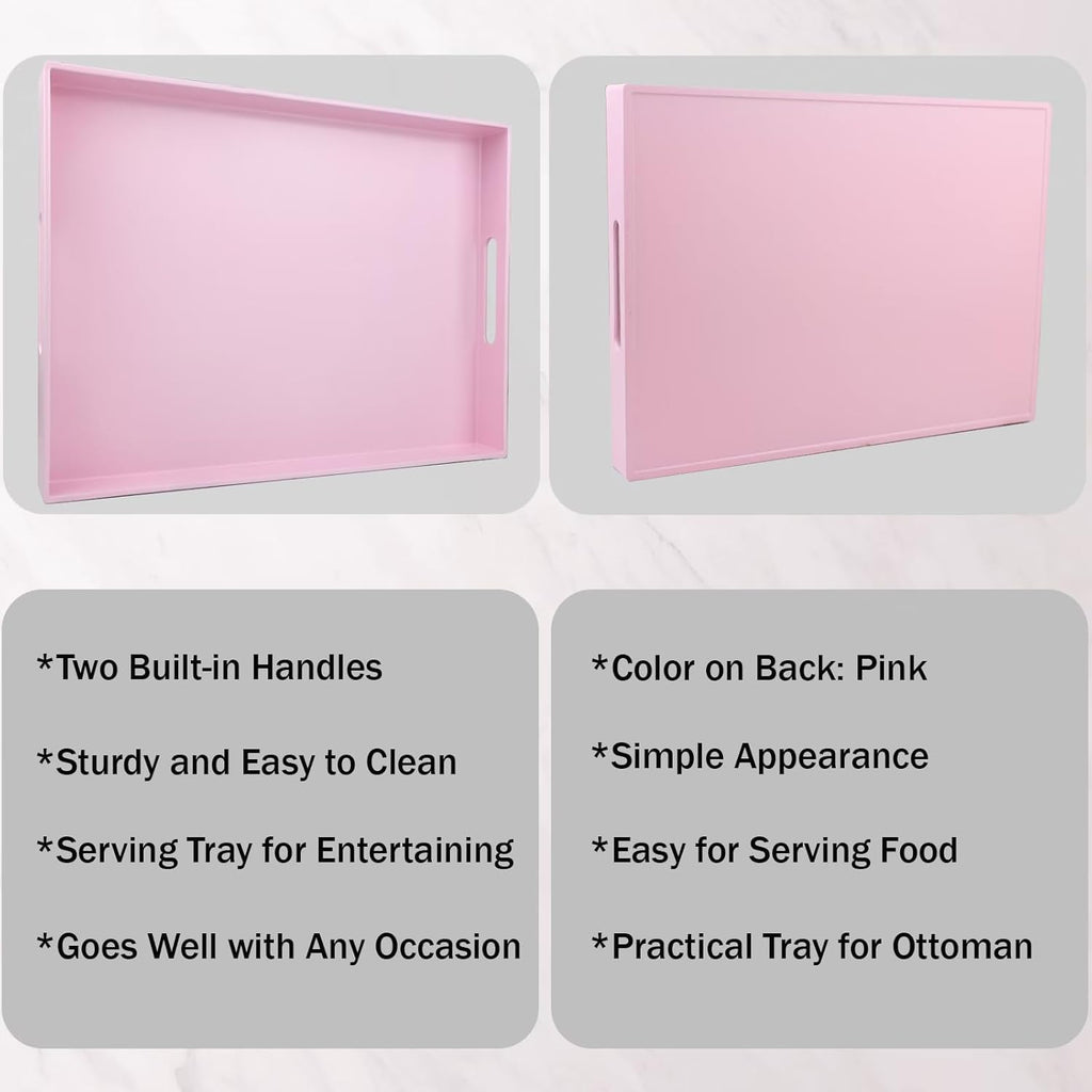Pink Serving Tray for Coffee Table, Rectangular Plastic Decorative Tray with Handles for Entertaining, Outdoor Patio, Living Room, Ottoman, Bathroom Counter, 11.8”*15.7”*1.6”