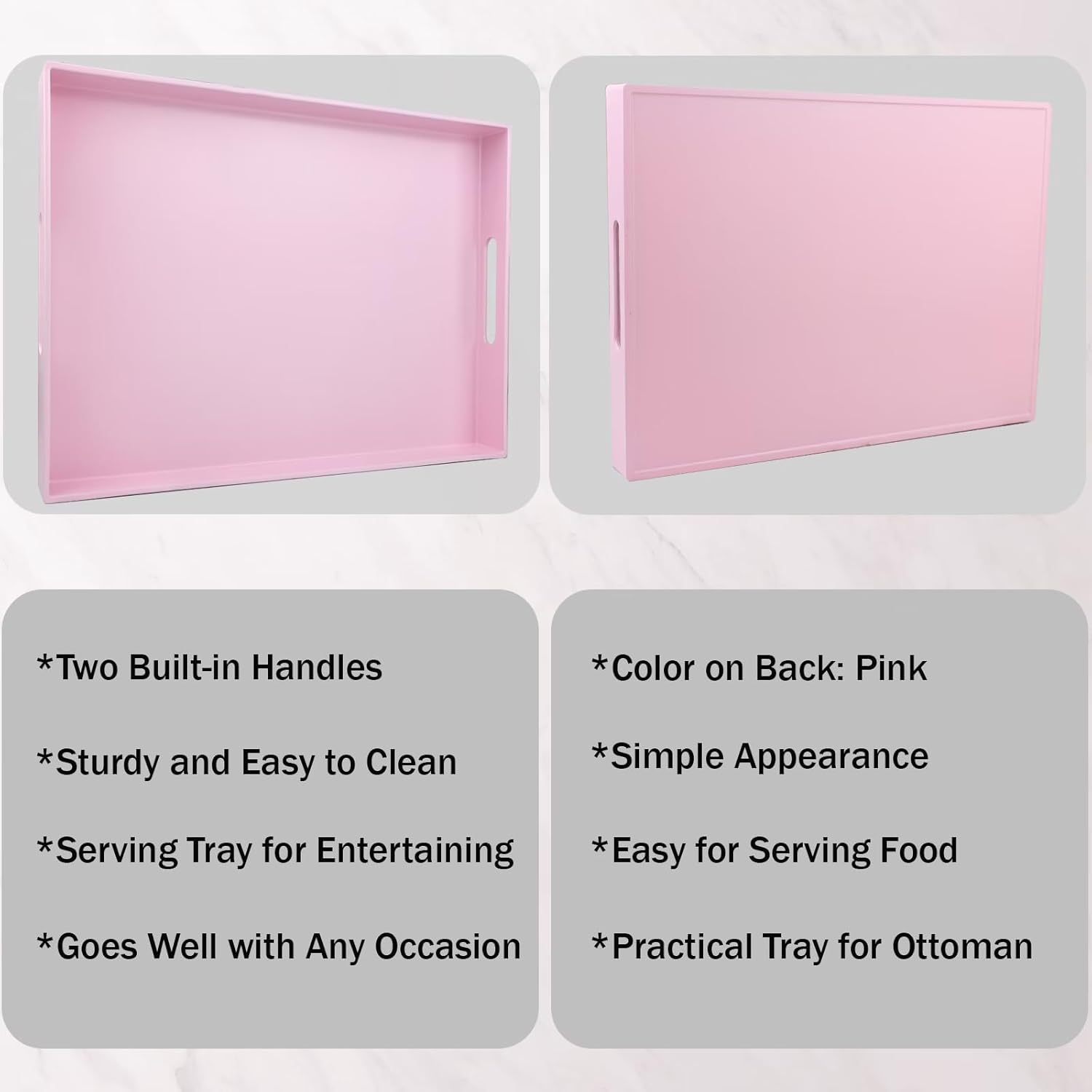 Pink Serving Tray for Coffee Table, Rectangular Plastic Decorative Tray with Handles for Entertaining, Outdoor Patio, Living Room, Ottoman, Bathroom Counter, 11.8”*15.7”*1.6”