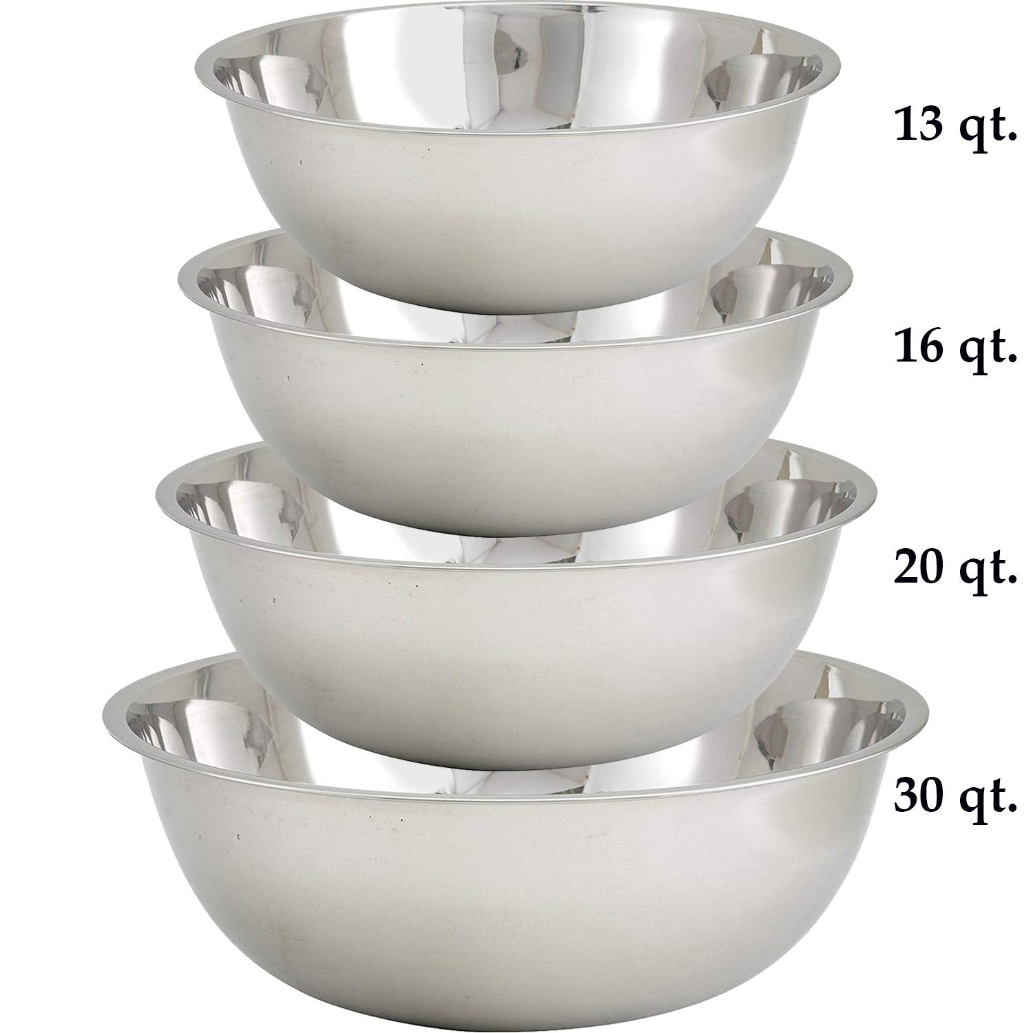 Tiger Chef Large Stainless Steel Standard Weight Mixing Bowls Set, Mirror Finish - Set Includes 13, 16, 20, and 30 Quart.
