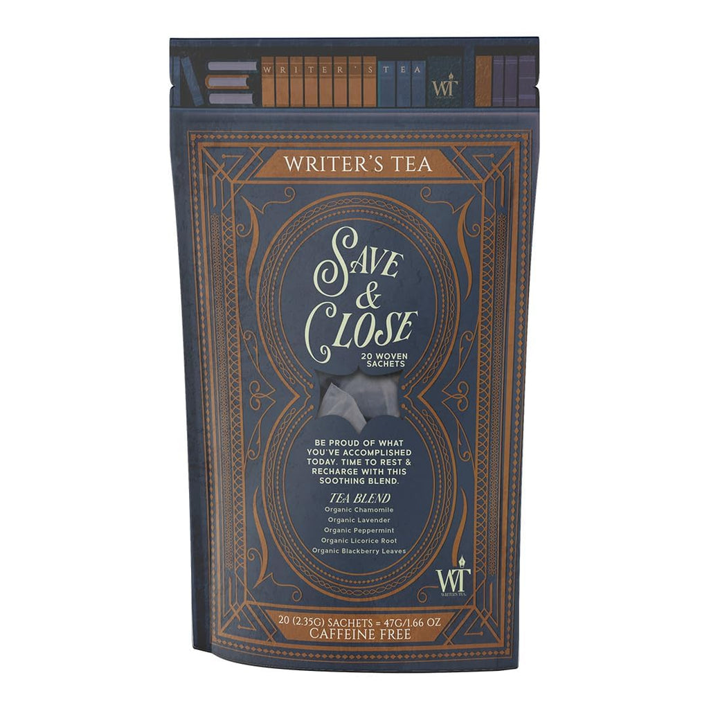 Writer's Tea Save & Close - Nighttime Tea - Chamomile, Lavender, Peppermint, Licorice Root, and Blackberry Leaves Tea Blend - Caffeine Free - 20 Woven Sachets