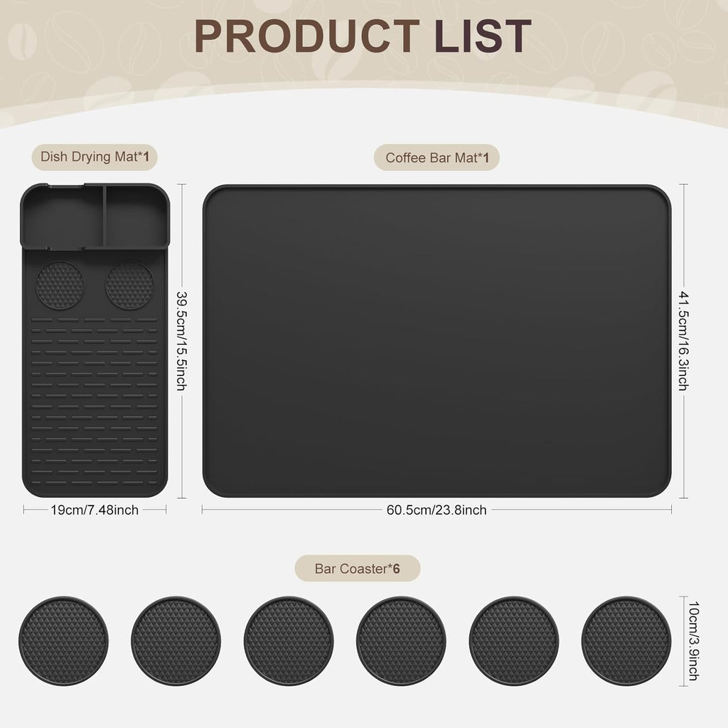 Silicone Coffee Mat with 6PCS Coasters,24''x16'' Kitchen Bar Accessories Fits Under Coffee Maker and Pot,Espresso Machine,Detachable Dish Drying Mat for Tamper,Sugar Packets,Cups,Countertop Protection
