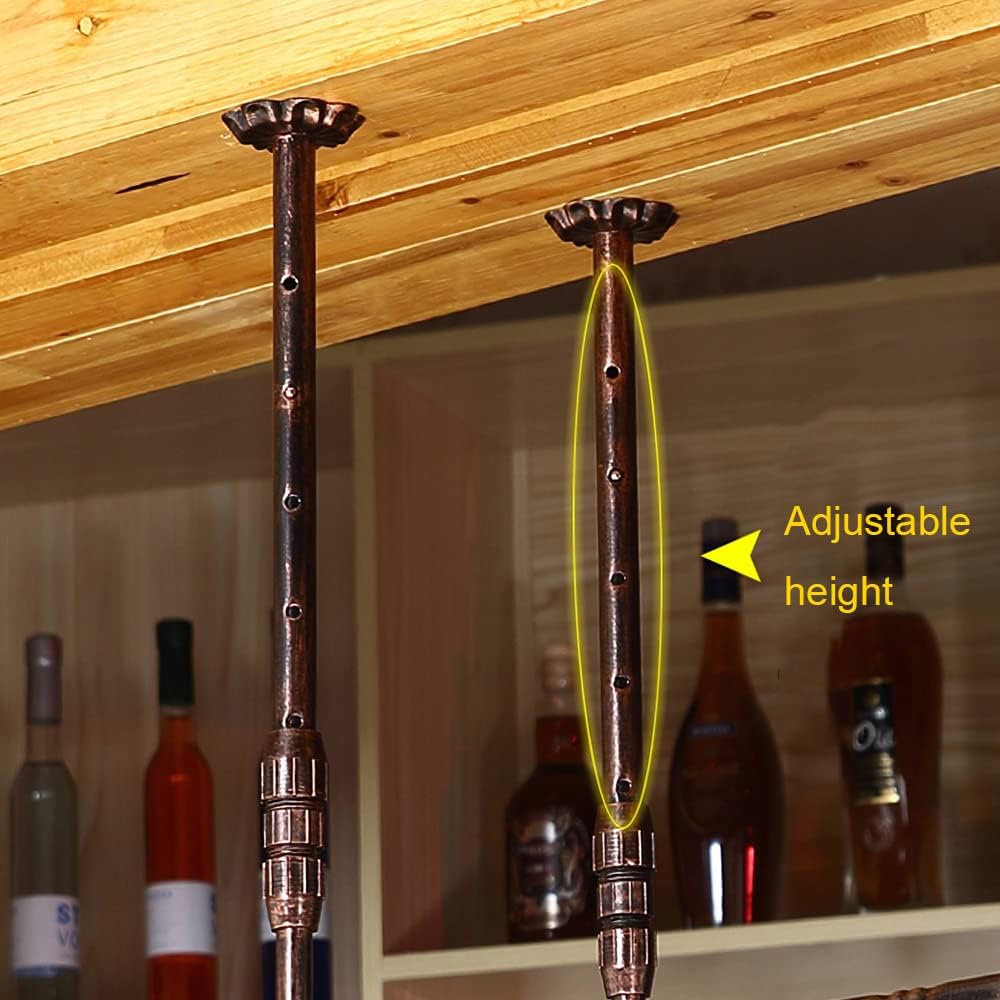 Rustic Wine Rack Wall Mounted with Glass Holder, Adjustable Hanging Bar Wine Glass Rack Ceiling, 47.2in Bottle Holder Wine Shelf Shelves, Perfect for Bar Kitche