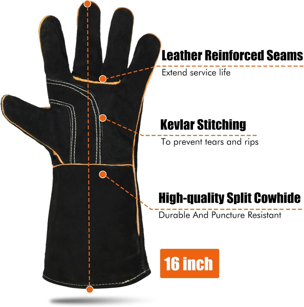 LeaSeek Leather Forge Welding Gloves, Heat/Fire Resistant Barbecue Gloves,Mitts for Fireplace,BBQ,Welder,Grill,Oven,Stove,Tig